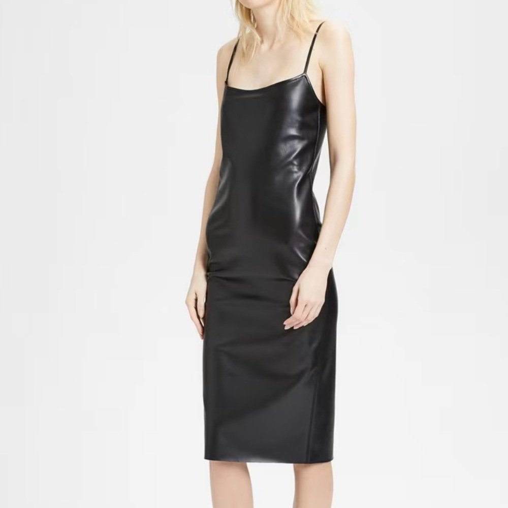 Sz 2 THEORY Faux Leather Midi Slip Dress in Black